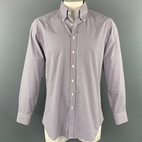 HAMILTON Size XL Blue & Brown Checkered Cotton Button Down Long Sleeve Shirt