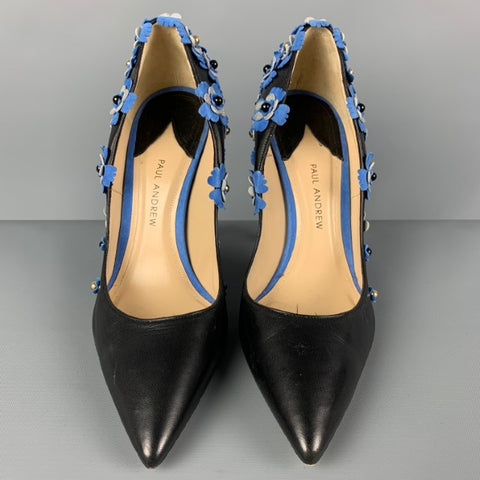 PAUL ANDREW Size 7 Black Blue Leather Floral Applique Pumps