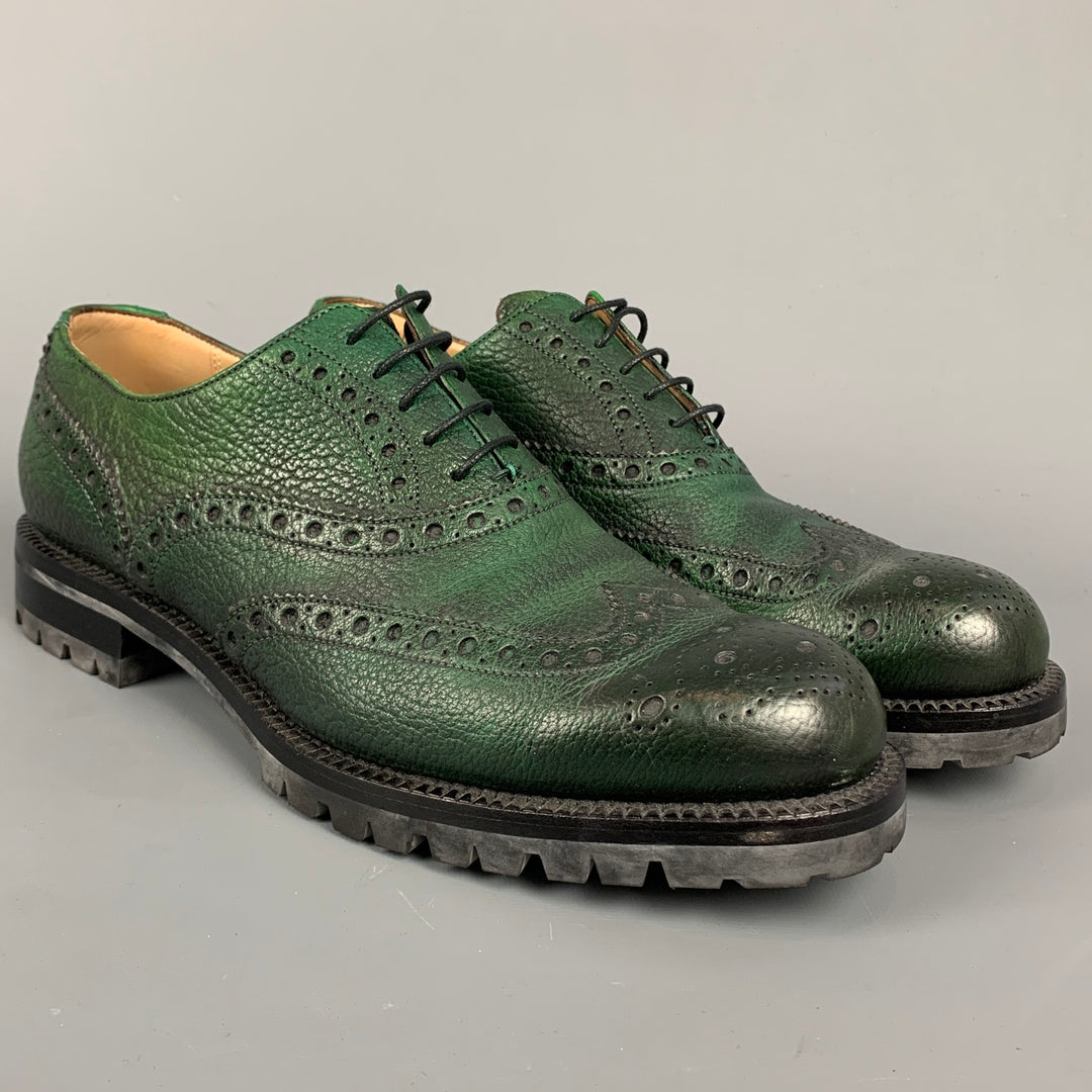 BALLY Bindy Size 10 Green Perforated Leather Wingtip Lace Up Shoes