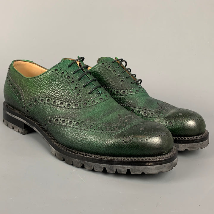 BALLY Bindy Size 10 Green Perforated Leather Wingtip Lace Up Shoes