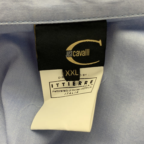 JUST CAVALLI Size XXL Light Blue Glitter Floral Print Dress Shirt