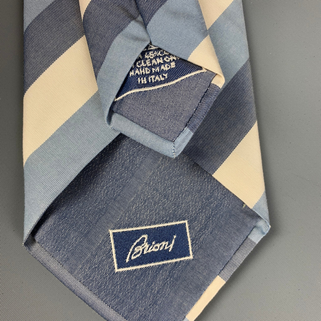 BRIONI Blue White Diagonal Stripe Cotton Silk Tie