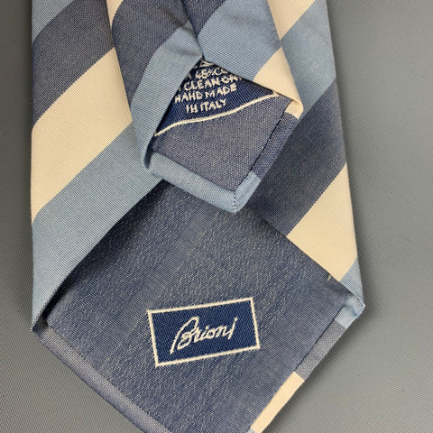 BRIONI Blue White Diagonal Stripe Cotton Silk Tie