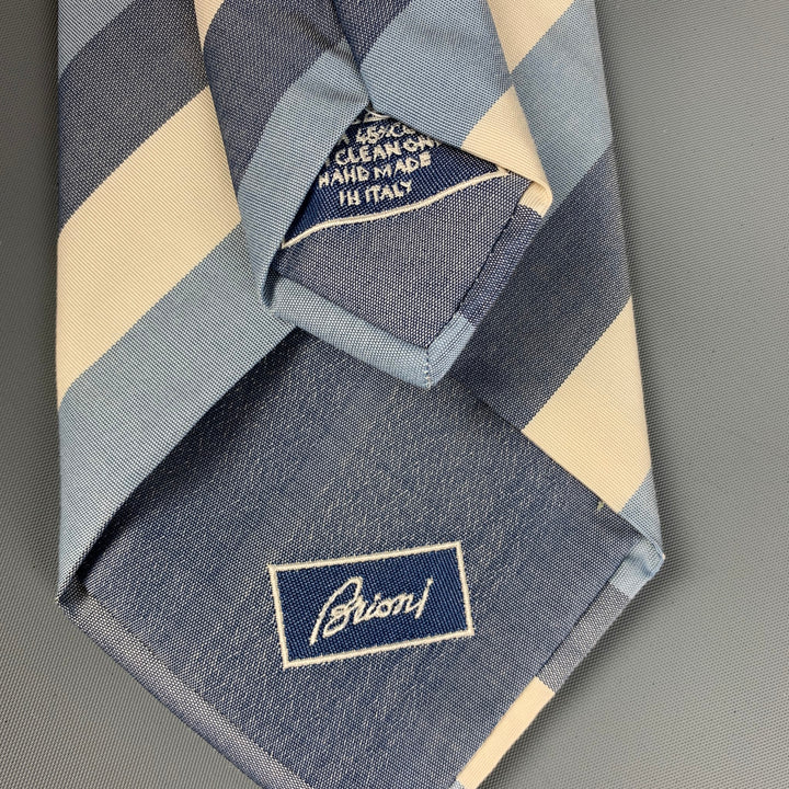 BRIONI Blue White Diagonal Stripe Cotton Silk Tie