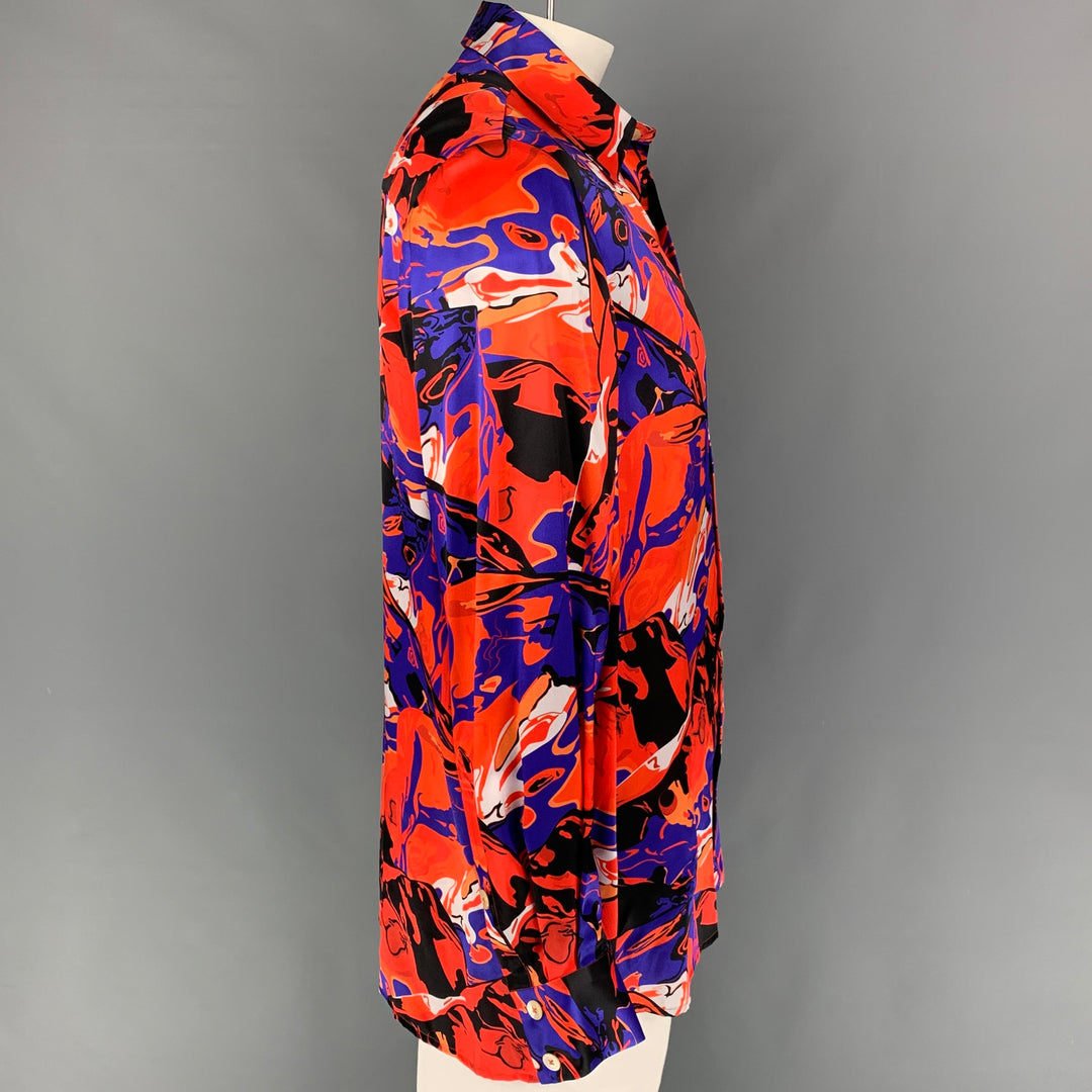 NECESSITY SENSE Size XL Orange Multi-Color Print Silk Long Sleeve Shirt