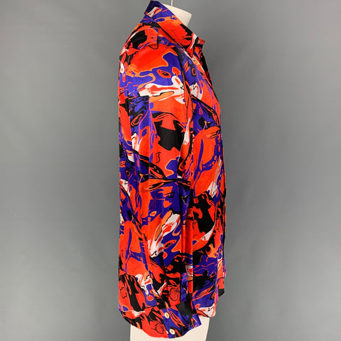 NECESSITY SENSE Size XL Orange Multi-Color Print Silk Long Sleeve Shirt