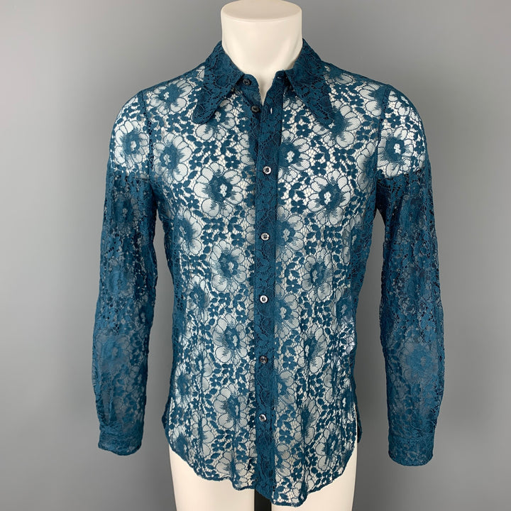 GUCCI S/S 16 Size M Teal Lace Polyamide Blend Button Up Long Sleeve Shirt