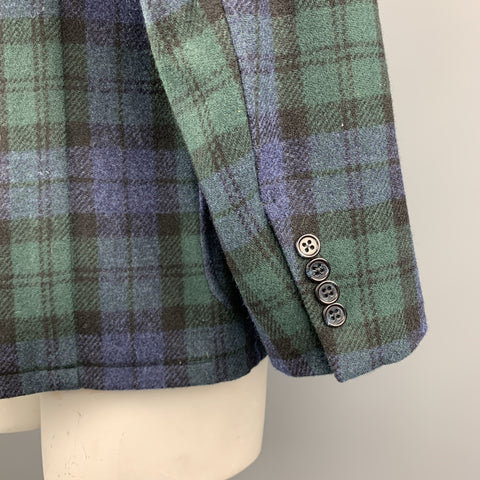 GITMAN BROS Size 42 Green & Blue Plaid Wool Notch Lapel Patch Pockets Sport Coat