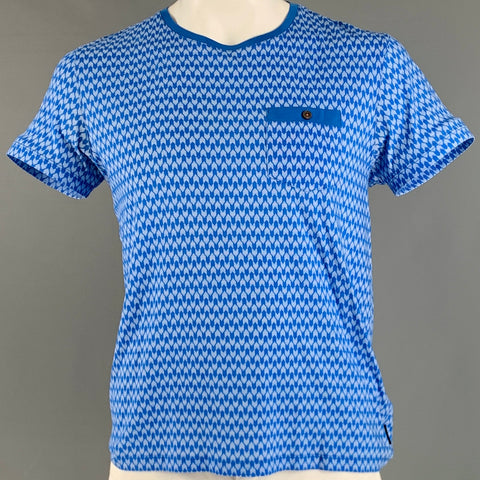 TED BAKER Size L Blue White Graphic Cotton One Pocket T-shirt
