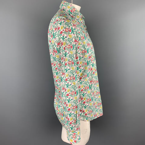 LIBERTY OF LONDON Size L White & Green Floral Cotton Button Up Long Sleeve Shirt