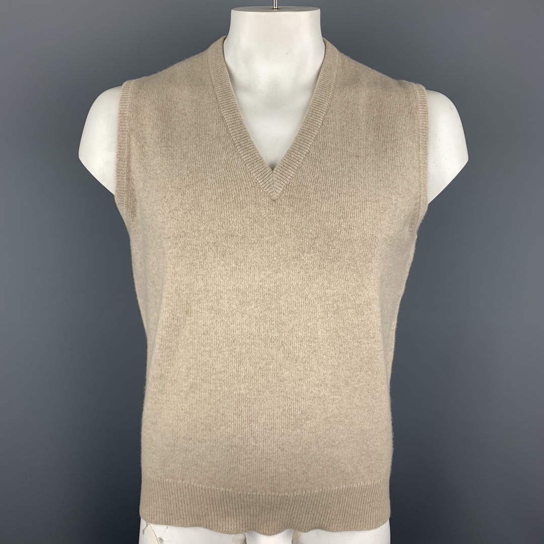 BALLANTYNE Size XL Oatmeal Cashmere V-Neck Sweater Vest