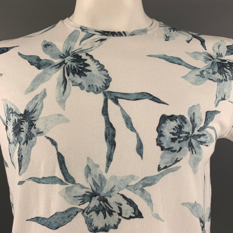 HENTSCH HOMME Taille L T-shirt col rond en coton fleuri blanc marine