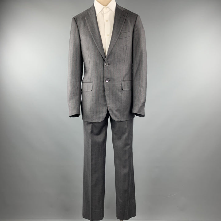 ISAIA Taille 40 Costume à revers cranté en laine gris foncé à rayures régulières