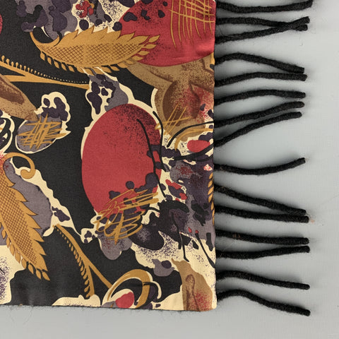 AQUASCUTUM Print Black & Gold Silk / Wool Fringe Scarf