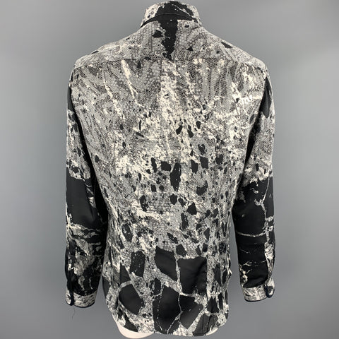 JUST CAVALLI Size XL Black & Grey Print Polyester Button Up Long Sleeve Shirt