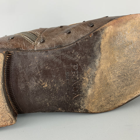 PRADA Size 10.5 Brown Ostrich Leather Square Toe Ankle Boots
