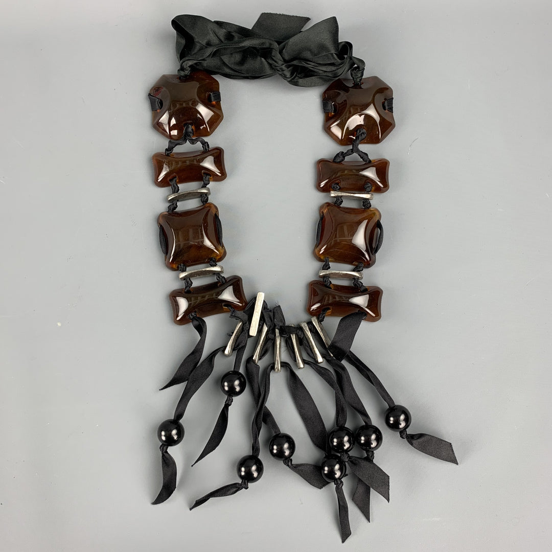 LANVIN Black & Brown Glass Metal Ribbon Tie Up Necklace