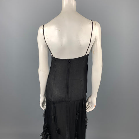 VINTAGE Size 6 Black Rhinestone Applique Silk Spaghetti Strap Cocktail Dress
