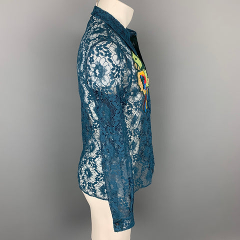GUCCI S/S 16 Size S Teal Sheer Lace Embroidery Polyamide Blend Long Sleeve Shirt