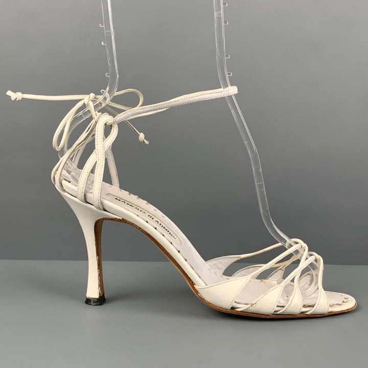 MANOLO BLAHNIK Size 7 White Leather Ankle Strap Sandals