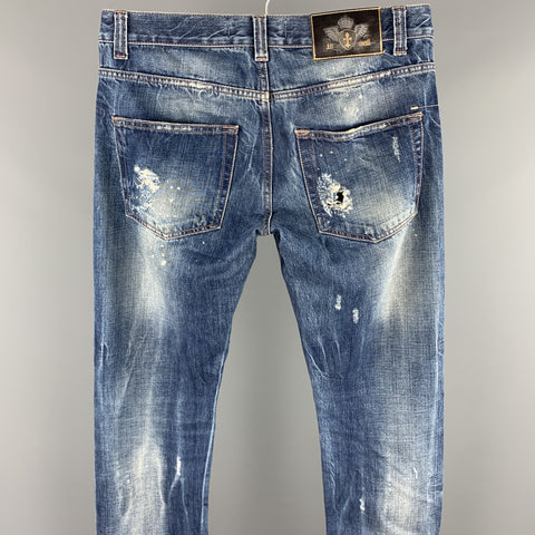 JUST CAVALLI Size 31 Indigo Distressed Denim Button Fly Low Rise Jeans
