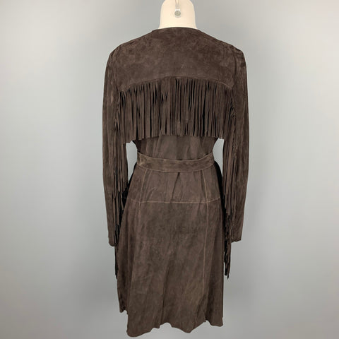 VINTAGE Size M Brown Suede Fringe Belted Open Front Coat