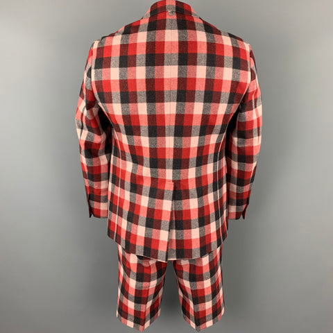 BLACK FLEECE Size 42 Red & Grey Plaid Wool Notch Lapel Shorts Suit