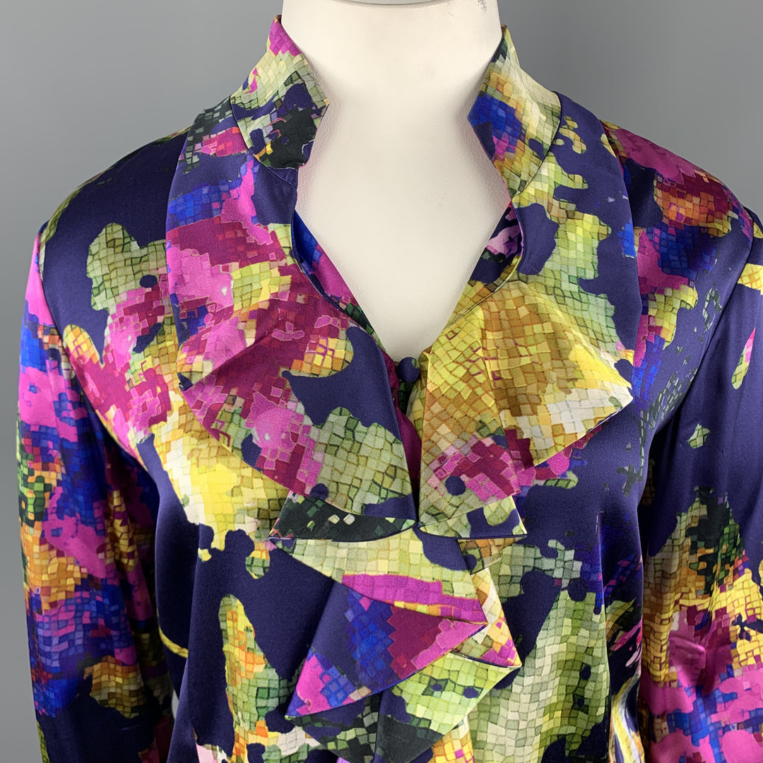ST. JOHN Size 12 Purple MultiColor Floral Silk Rufle Blouse