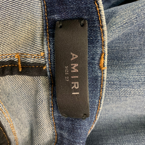 AMIRI Talla 27 Vaqueros Thrasher de pierna estrecha desgastados de algodón azul