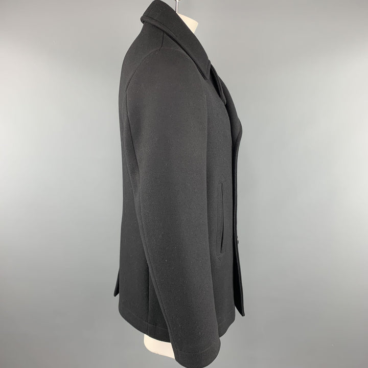 LACOSTE 40 Black Solid Wool Blend Double Breasted Peacoat