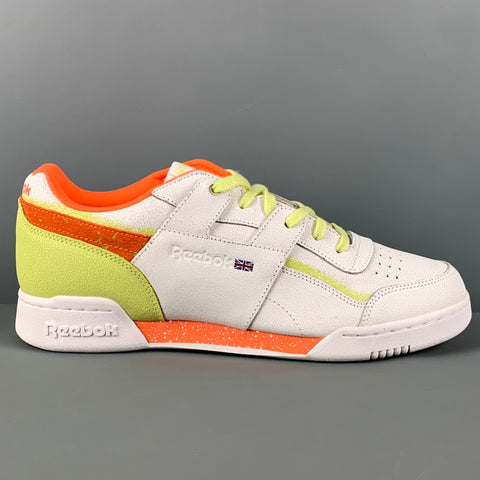 REEBOK Size 10.5 White Orange & Green Leather Lace Up Sneakers