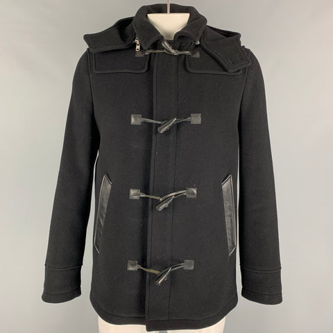 THE KOOPLES Size L Black Wool Leather Trim Toggle Closure Coat
