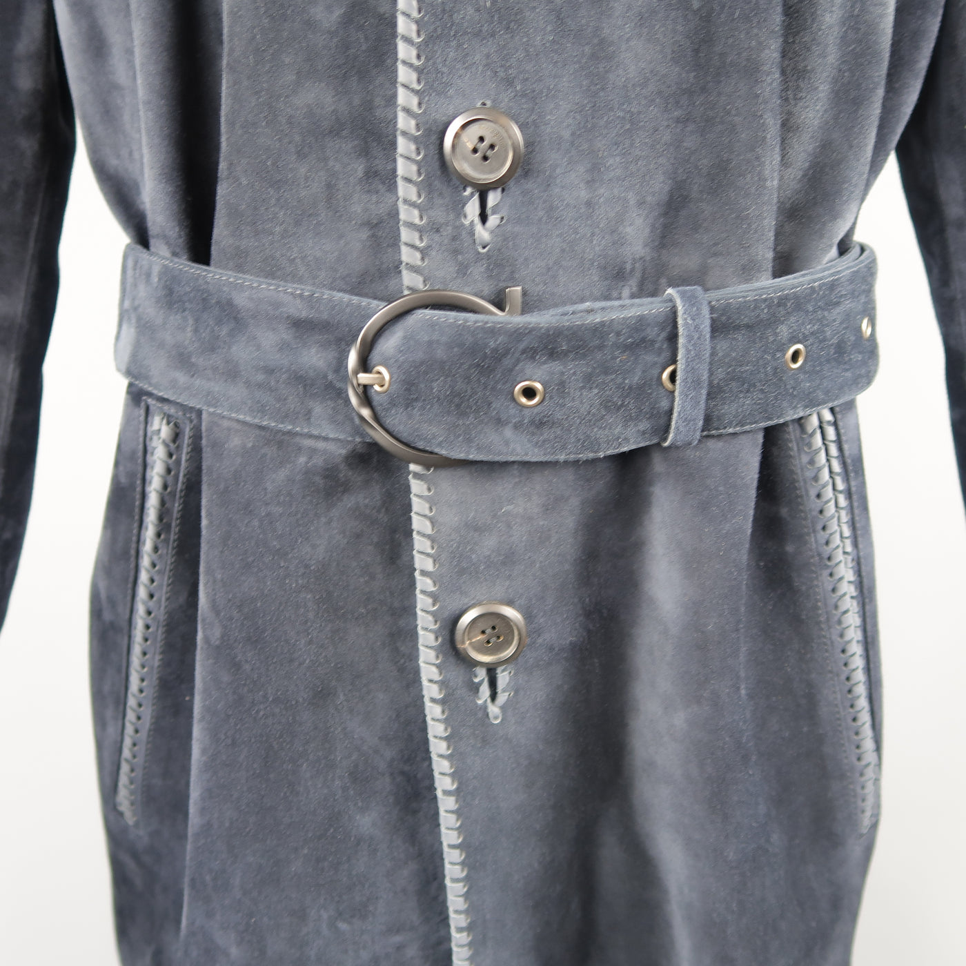 SALVATORE FERRAGAMO 40 Navy Suede Whipstitched Trench Coat
