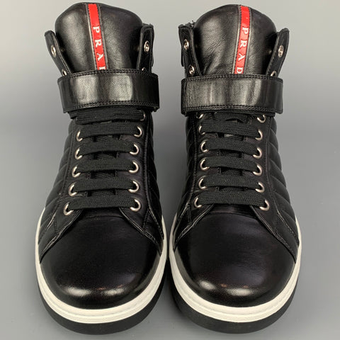 PRADA Size 10.5 Black Quilted Leather High Top Sneakers