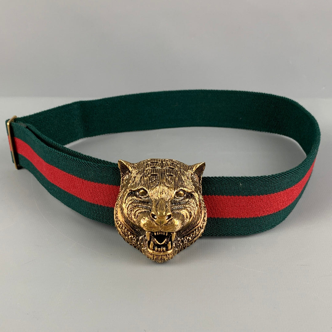 GUCCI Green Red Gold Stripe Fabric Brass Feline Head Belt