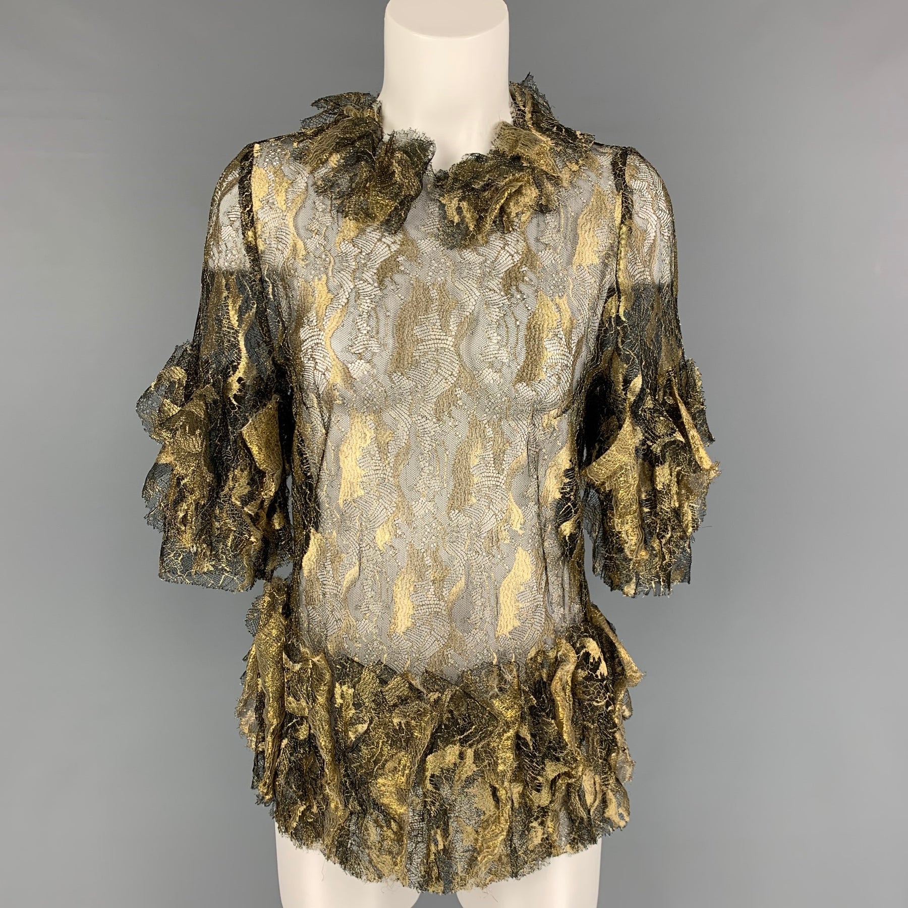 RODARTE Size 8 Gold Black Polyamide Blend 3/4 Sleeves Dress Top Sui Generis Designer Consignment RODARTE Size 8 Gold Black Polyamide Blend 3/4 Sleeves Dress Top Sui Generis Designer Consignment