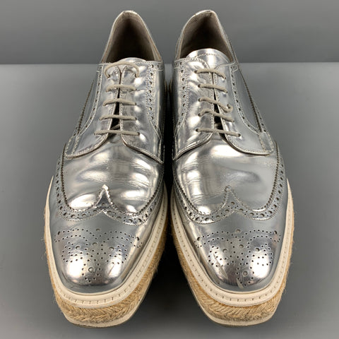 PRADA Size 10 Silver Perforated Leather Platform Lace-Up Shoes