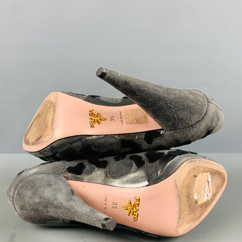 PRADA Size 5 Grey Black Suede Aplique Platform Pumps