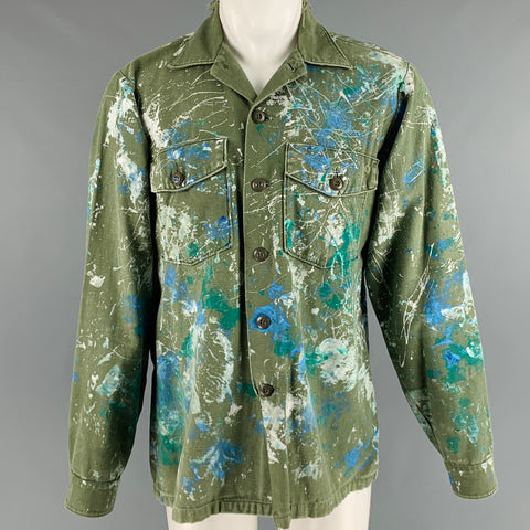 VINTAGE Taille S Vert Bleu Blanc Éclaboussé Coton Militaire Chemise À Manches Longues