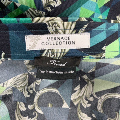 VERSACE COLLECTION Trend Size S Green & Navy Print Silk Hidden Buttons Long Sleeve Shirt