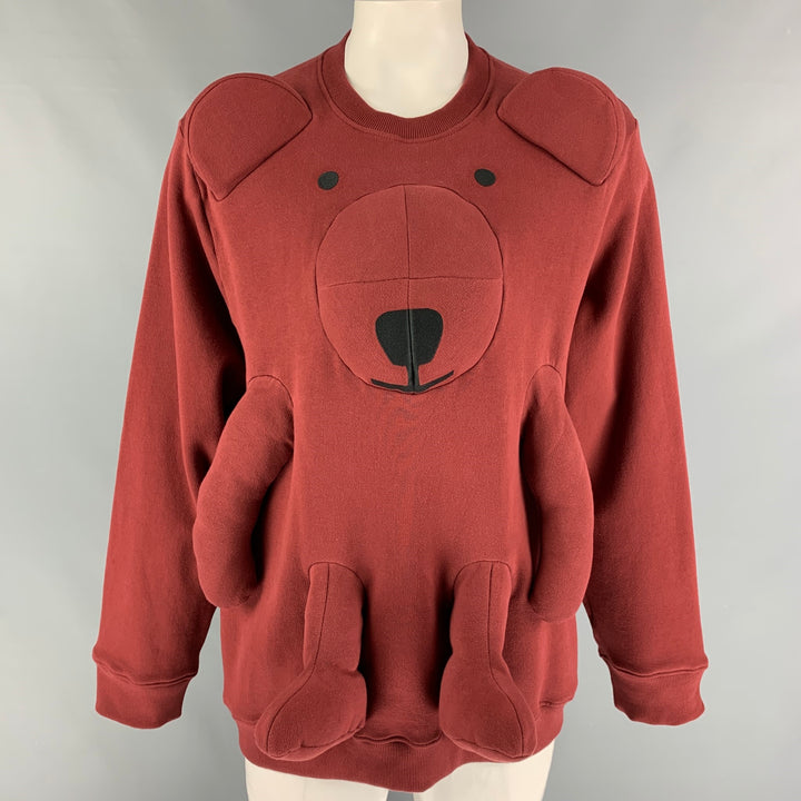 WALTER VAN BEIRENDONCK FW21 Size L Burgundy Bear Applique Cotton Crew-Neck Sweatshirt