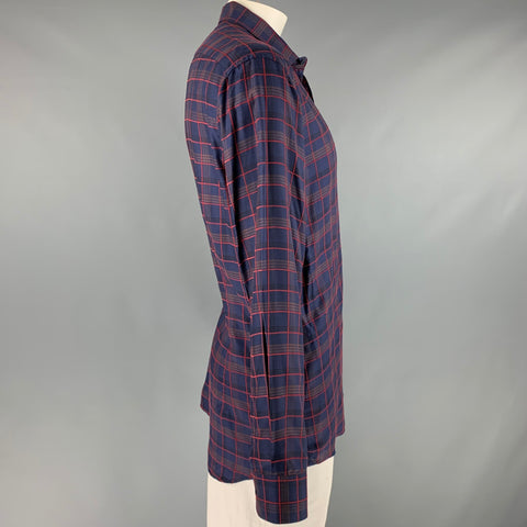 ETRO Size XL Navy Red Plaid Lyocel Cotton Button Up Long Sleeve Shirt