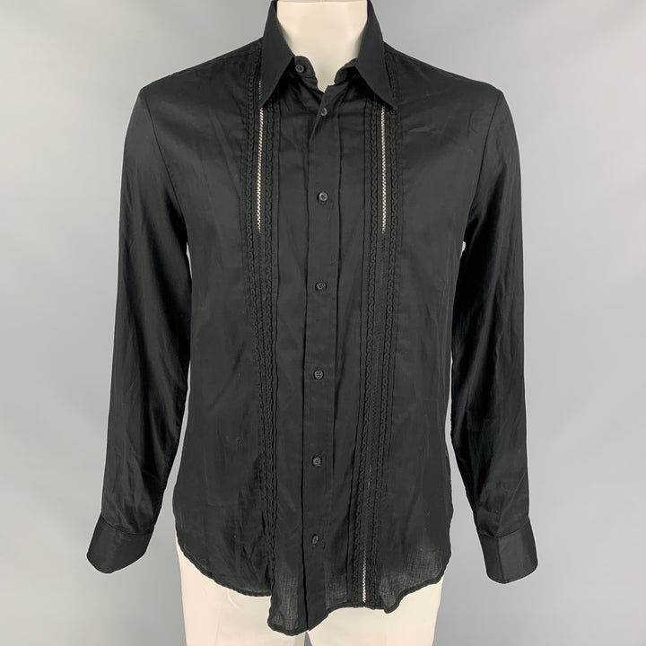 JUST CAVALLI Size XL Black Braided Cotton Button Up Long Sleeve Shirt