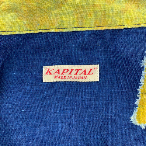 KAPITAL Size L Navy & Yellow Print Cotton / Linen Button Up Short Sleeve Shirt