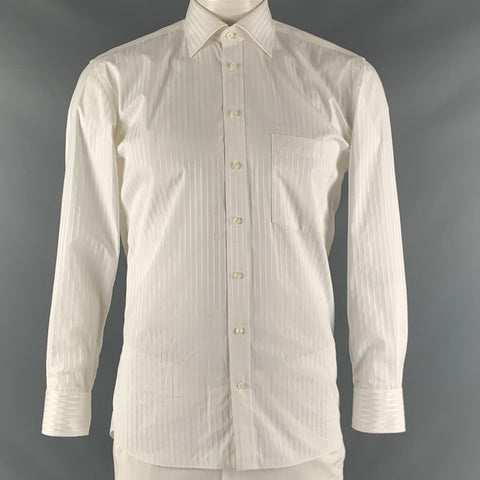 LIPSON Size L White Stripe Damask One pocket Long Sleeve Shirt