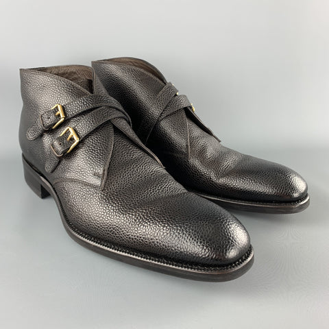 TOM FORD Taille 10,5 Bottines à double sangle en cuir grainé marron foncé