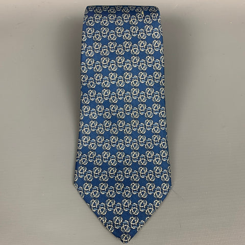 HERMES 792 MA  Blue & Cream Knot Print Silk Tie