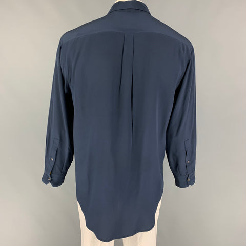 LA PERLA Size XXL Navy Silk Button Up Long Sleeve Shirt