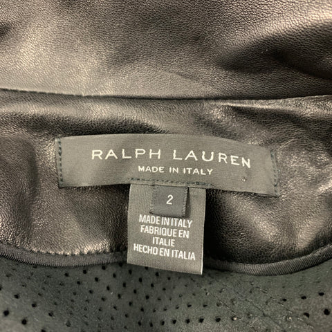 RALPH LAUREN Black Label Talla 2 Chaqueta de piel de cordero perforada de cuero negro