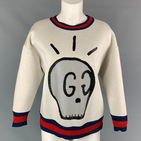 GUCCI Talla L Suéter de mujer con estampado de calavera de hielo GG de algodón beige